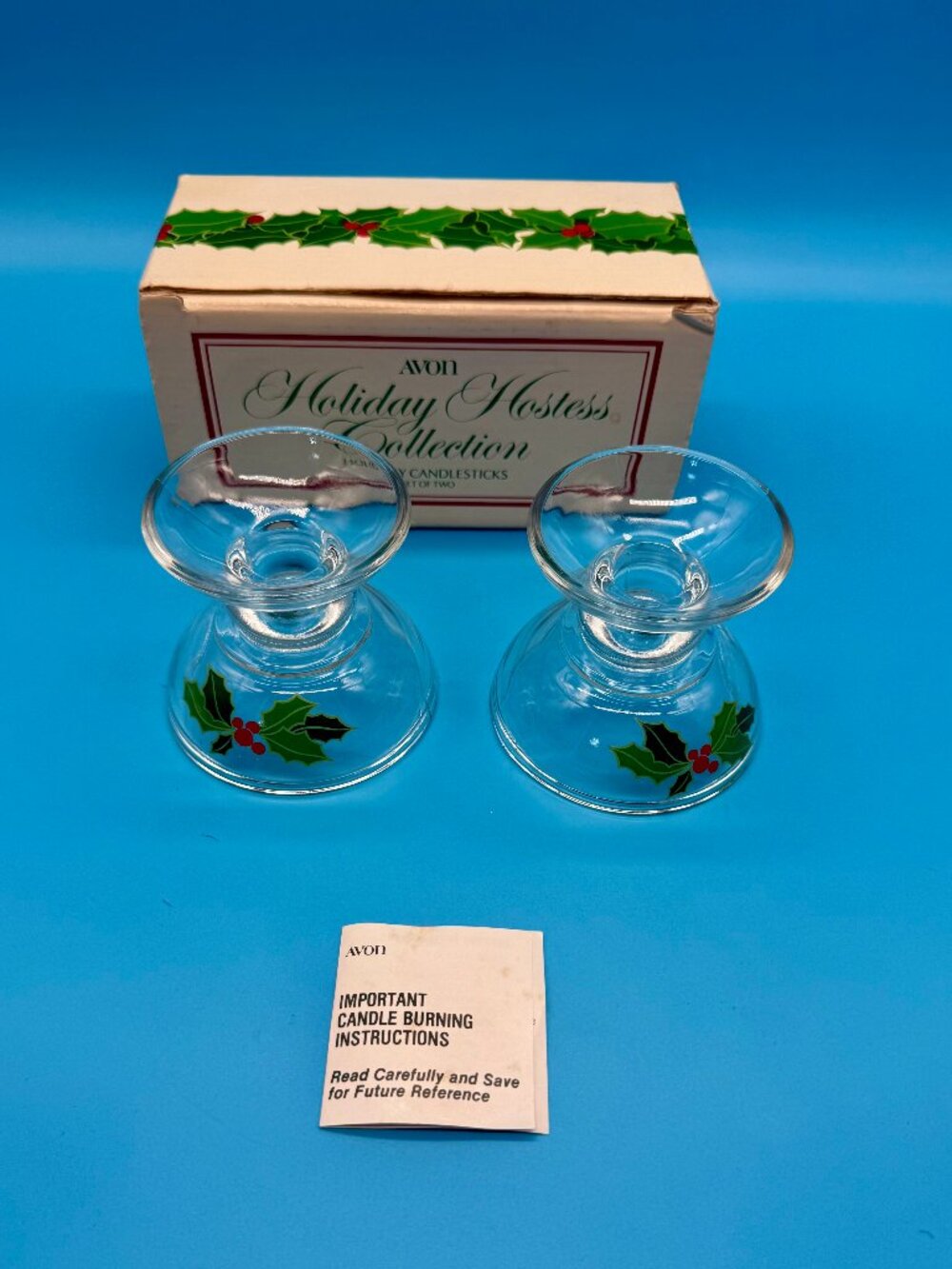 Vintage 1981 Avon Holiday Hostess Holly Glass Candlesticks Set of 2